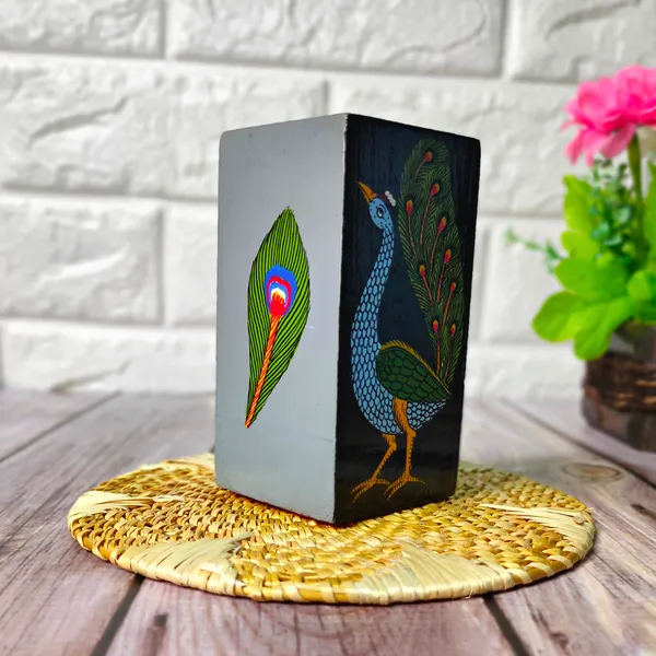 Hand-Painted Peacock Theme Tea Light Holder | Wooden Candle Holder | Pattachitra Painting