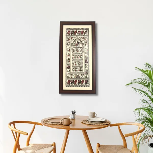 Hand Printed Saura Tribal Painting On Tussar Silk | Framed Artwork