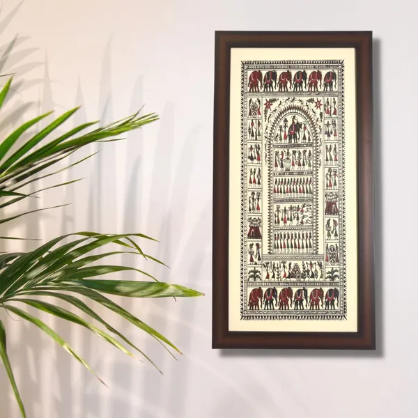 Hand Printed Saura Tribal Painting On Tussar Silk | Framed Artwork