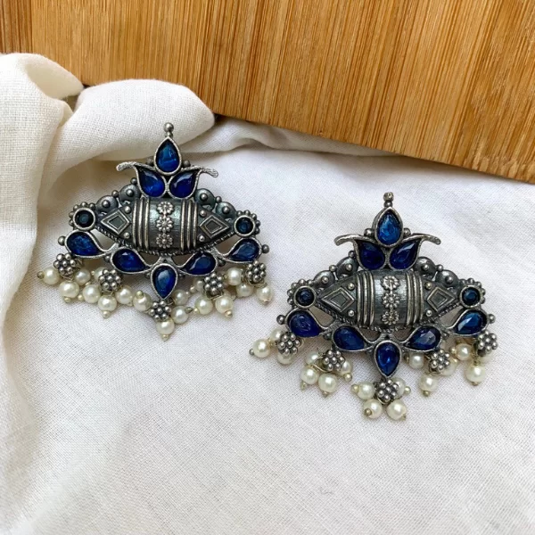 Designer Oxidised Stud Earring- Blue