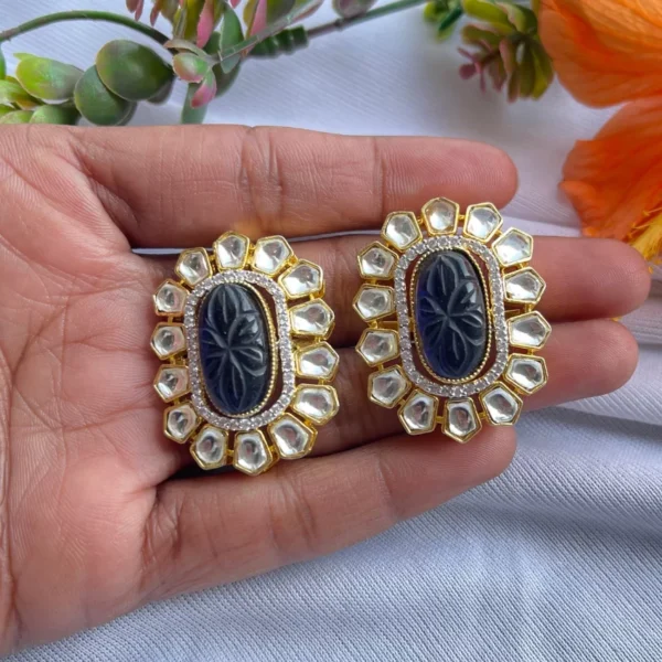 Blue Carved Stone Kundan Earring