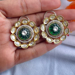 Emerald Carved Stone Kundan Flower Stud Earring