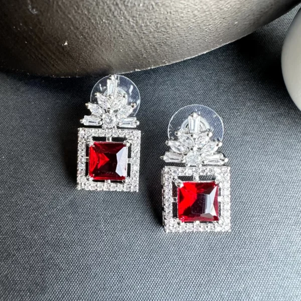 Box Style Red Stoned American Diamond Stud Earrings
