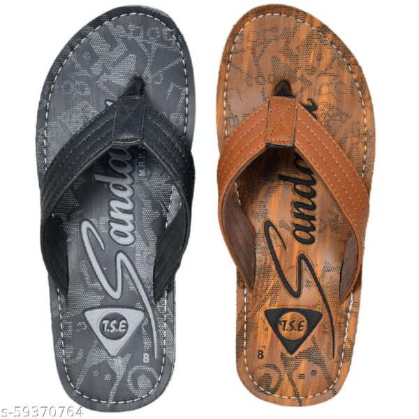 New Comfort Fashionable Flat Synthetic Leather Sandal Slipper Footwear For Men Combo Set.GRAY & DARK PRINT TAN (Pack of 2)