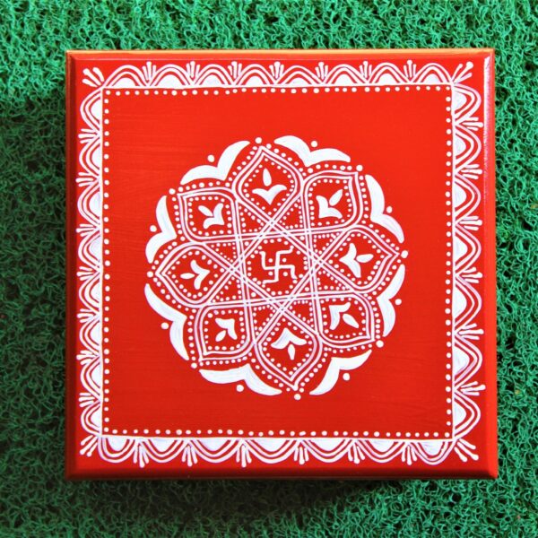 Aipan Inspired Handpainted Square Wooden Puja Table / Chowki / Footstool for Home