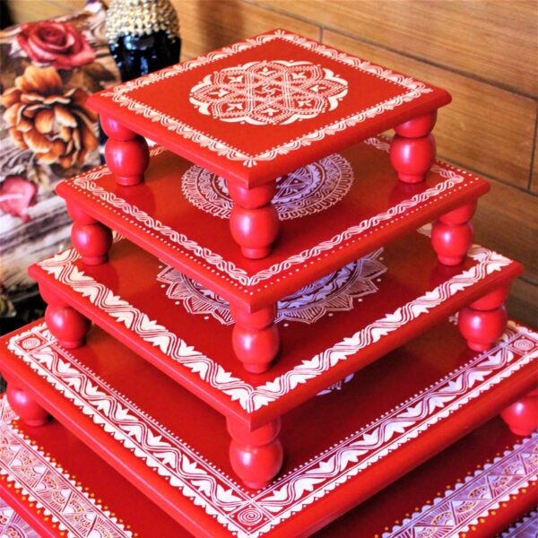 Aipan Inspired Handpainted Square Wooden Puja Table / Chowki / Footstool for Home