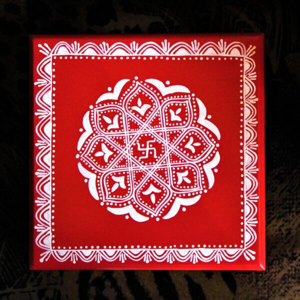 Aipan Inspired Handpainted Square Wooden Puja Table / Chowki / Footstool for Home