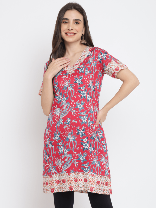 Red Printed Floral Rani Kurta