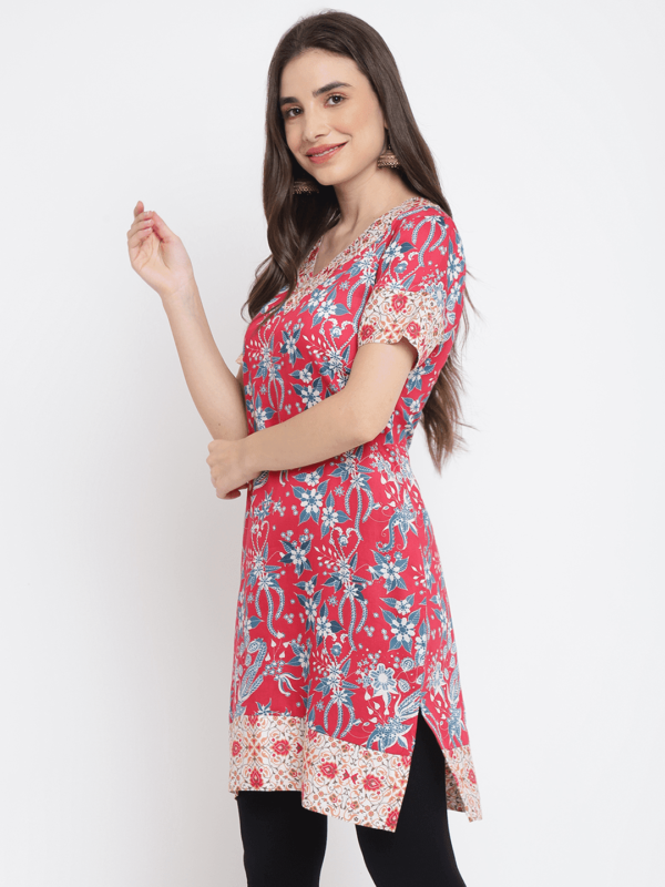 Red Printed Floral Rani Kurta