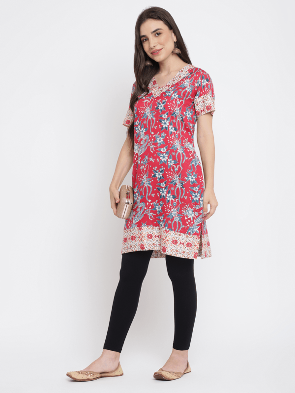 Red Printed Floral Rani Kurta