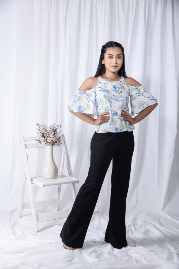 White Cold-shoulder Digital Printed Floral Top