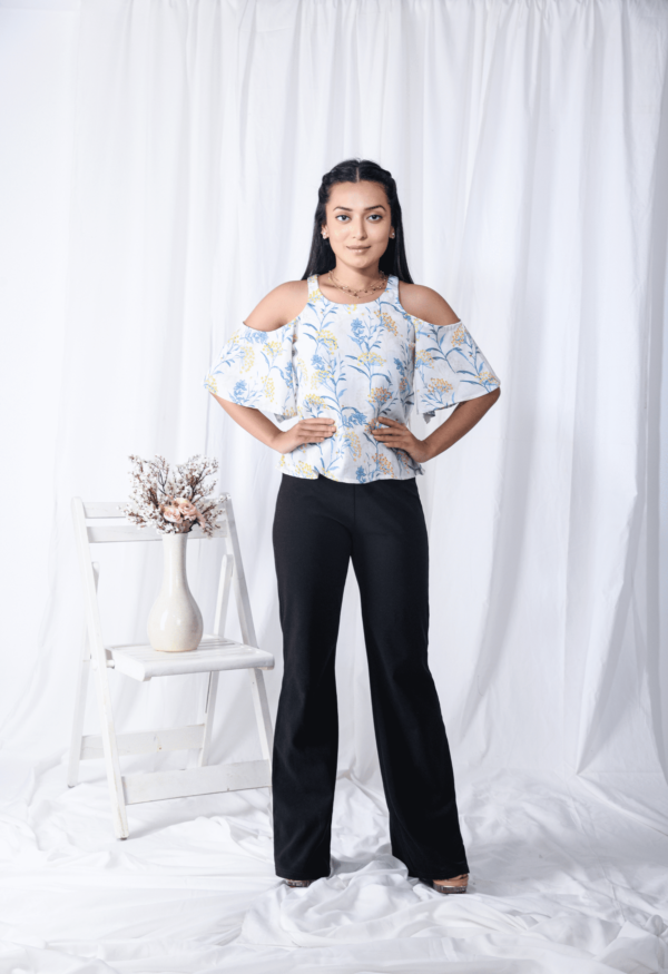 White Cold-shoulder Digital Printed Floral Top