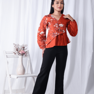 Red two-tone Printed Floral Wrap Top