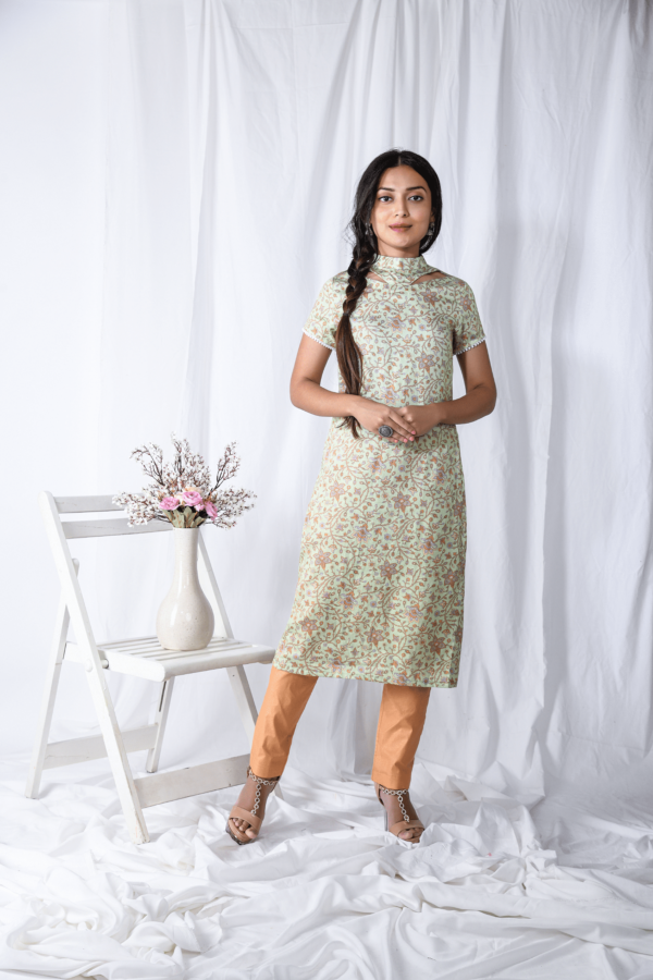 Green Printed Floral Cutout Kurta