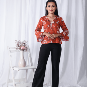 Red Printed Floral Bell Sleeves Top