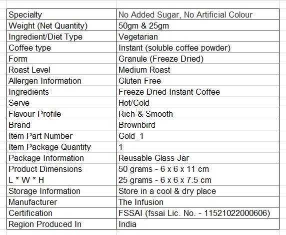 Brownbird Instant Coffee - GOLD 25GM