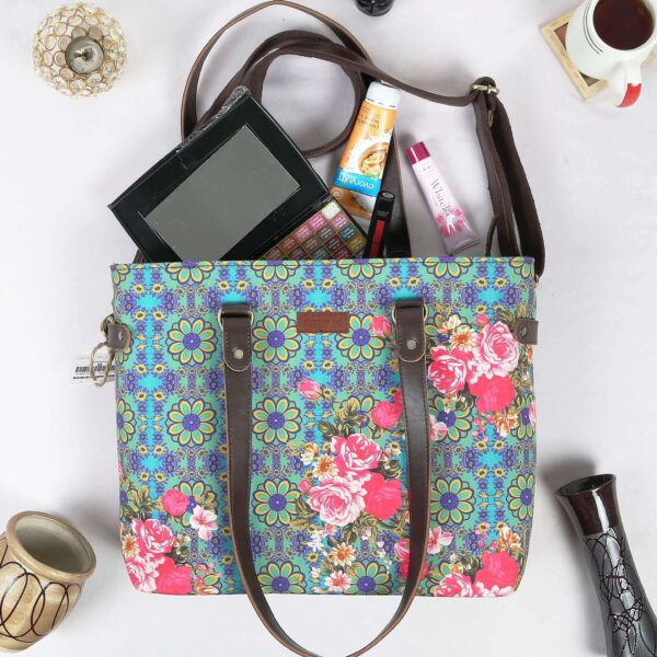 Blue and Pink Flower Women Tote Handbag