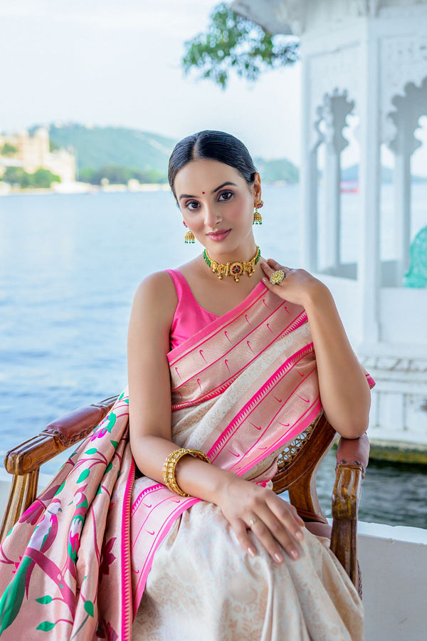 Seashell White Paithani Kanjivaram Saree