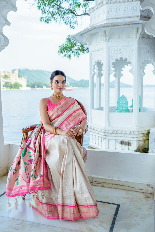 Seashell White Paithani Kanjivaram Saree