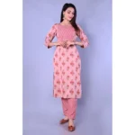 Women's Casual 3/4 Sleeve Printed Rayon Kurti With Pant Set (Pink)