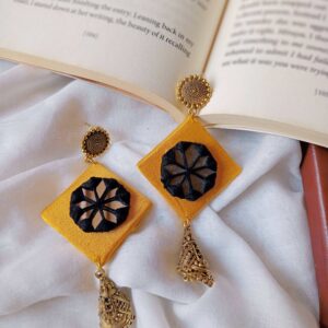 Rainvas Yellow and black mirror jhumka earrings