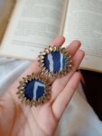 Rainvas Blue printed fabric kundan studs earrings