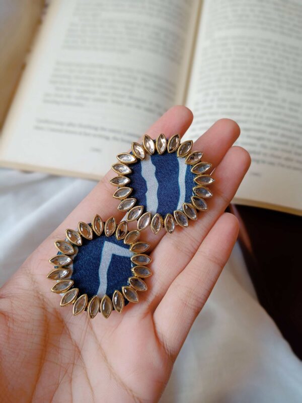 Rainvas Blue printed fabric kundan studs earrings