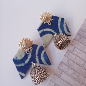 Rainvas Blue printed fabric lotus charm jhumka earrings