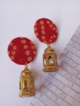 Rainvas Red bandhani print golden jhumka earrings
