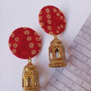 Rainvas Red bandhani print golden jhumka earrings