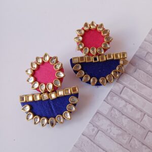 Rainvas Pink and blue kundan fabric earrings