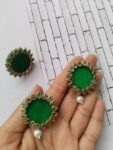 Rainvas Green Kundan rings and studs earrings combo set for women