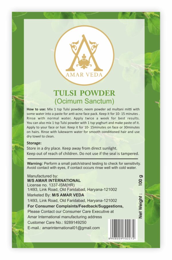 Amar Veda Tulsi Powder | Ocimum Sanctum | 100% Natural | Helps with Acne Problems | Used for Hair & Skin Care | Treats Hair Loss | Reduces Open Pores