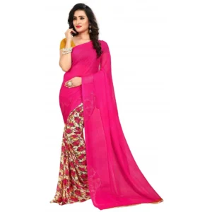 Printed Faux Georgette Pink Color Saree