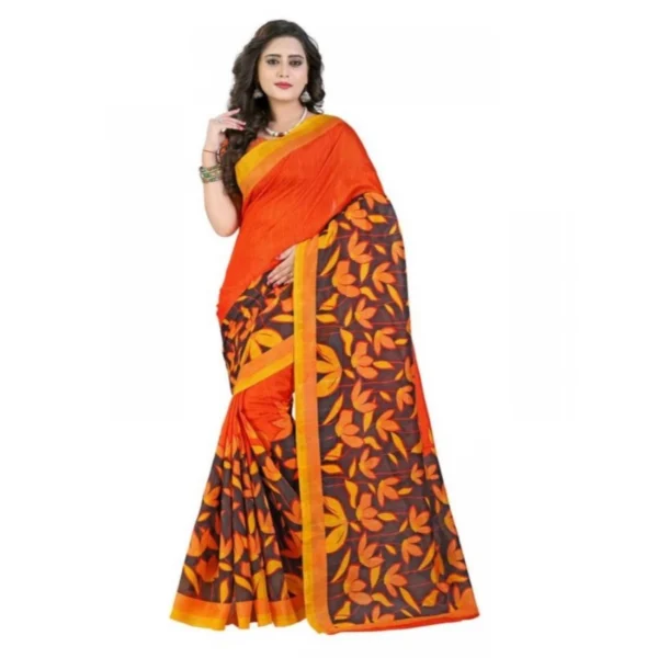Womens Bhagalpuri Art Silk Floral Printed Saree (Orange, Multi, 6 mtr)