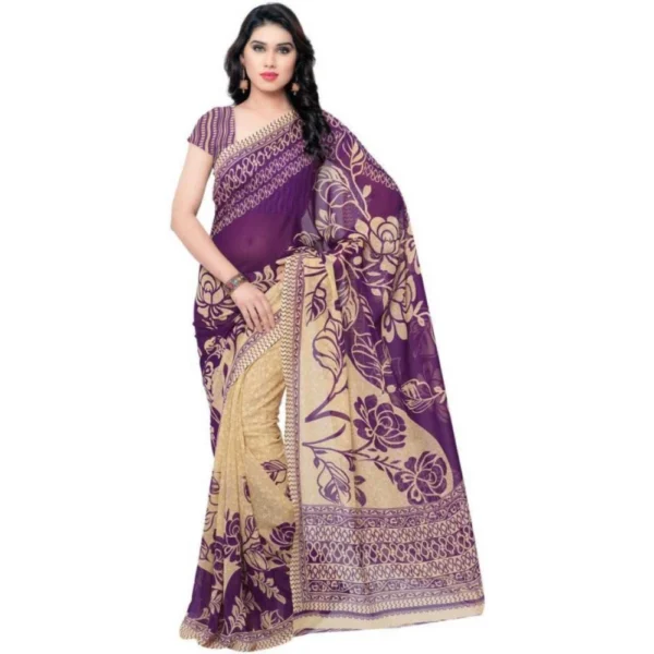 Printed Faux Georgette Purple Color Saree