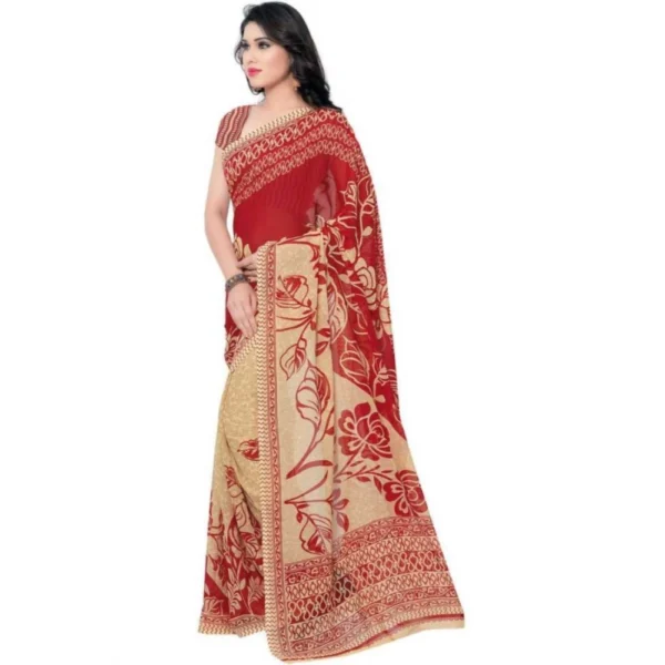 Printed Faux Georgette Red Color Saree