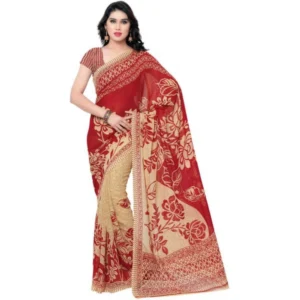 Printed Faux Georgette Red Color Saree