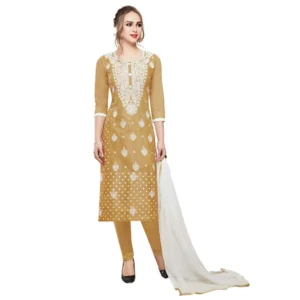 Women's Cotton Unstitched Salwar-Suit Material With Dupatta (Light Brown, 2-2.5mtrs)