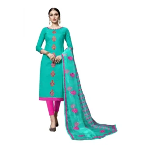 Women's Cotton Unstitched Salwar-Suit Material With Dupatta (Turquoise, 2-2.5mtrs)
