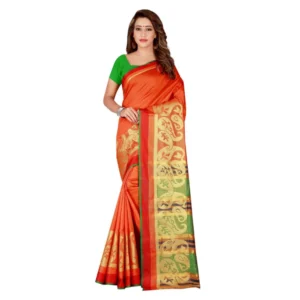 Women's Poly Silk Saree with Blouse (Orange, 5-6 Mtrs)