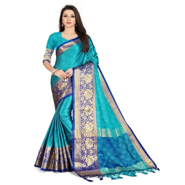 Women's Cotton Silk,Jacquard,Poly Silk Saree (Blue, 5-6 Mtrs)
