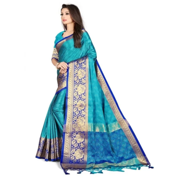 Women's Cotton Silk,Jacquard,Poly Silk Saree (Blue, 5-6 Mtrs)