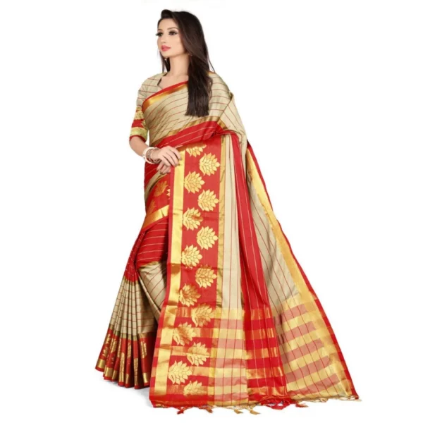 Women's Cotton Silk,Jacquard,Poly Silk Saree (Grey,Red, 5-6 Mtrs)