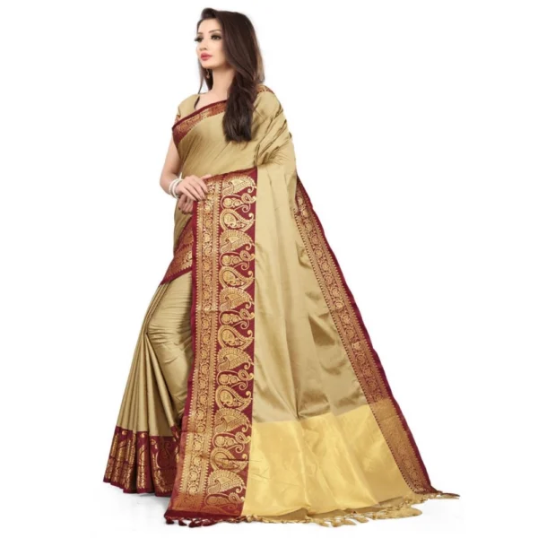 Women's Cotton Silk,Jacquard,Poly Silk Saree (Beige, 5-6 Mtrs)