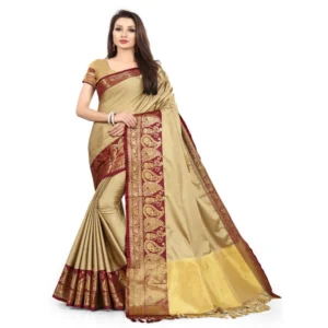 Women's Cotton Silk,Jacquard,Poly Silk Saree (Beige, 5-6 Mtrs)