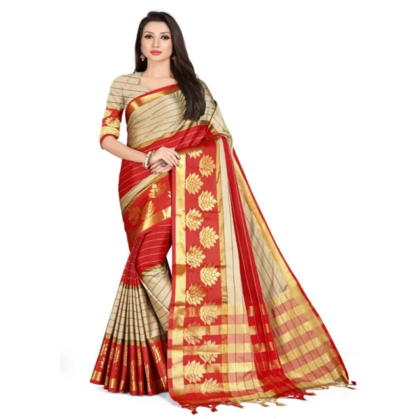Women's Cotton Silk,Jacquard,Poly Silk Saree (Grey,Red, 5-6 Mtrs)