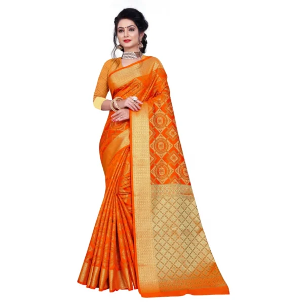 Women's Banarasi Silk Saree With Blouse (Orange, 5-6 Mtrs)