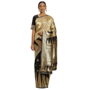 Women's Banarasi silk Saree with Blouse (Black,cream, 5-6mtr)