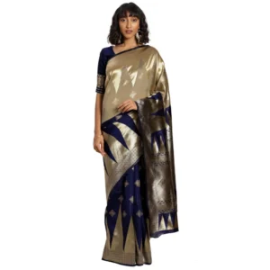 Women's Banarasi silk Saree with Blouse (Navy blue,beige, 5-6mtr)